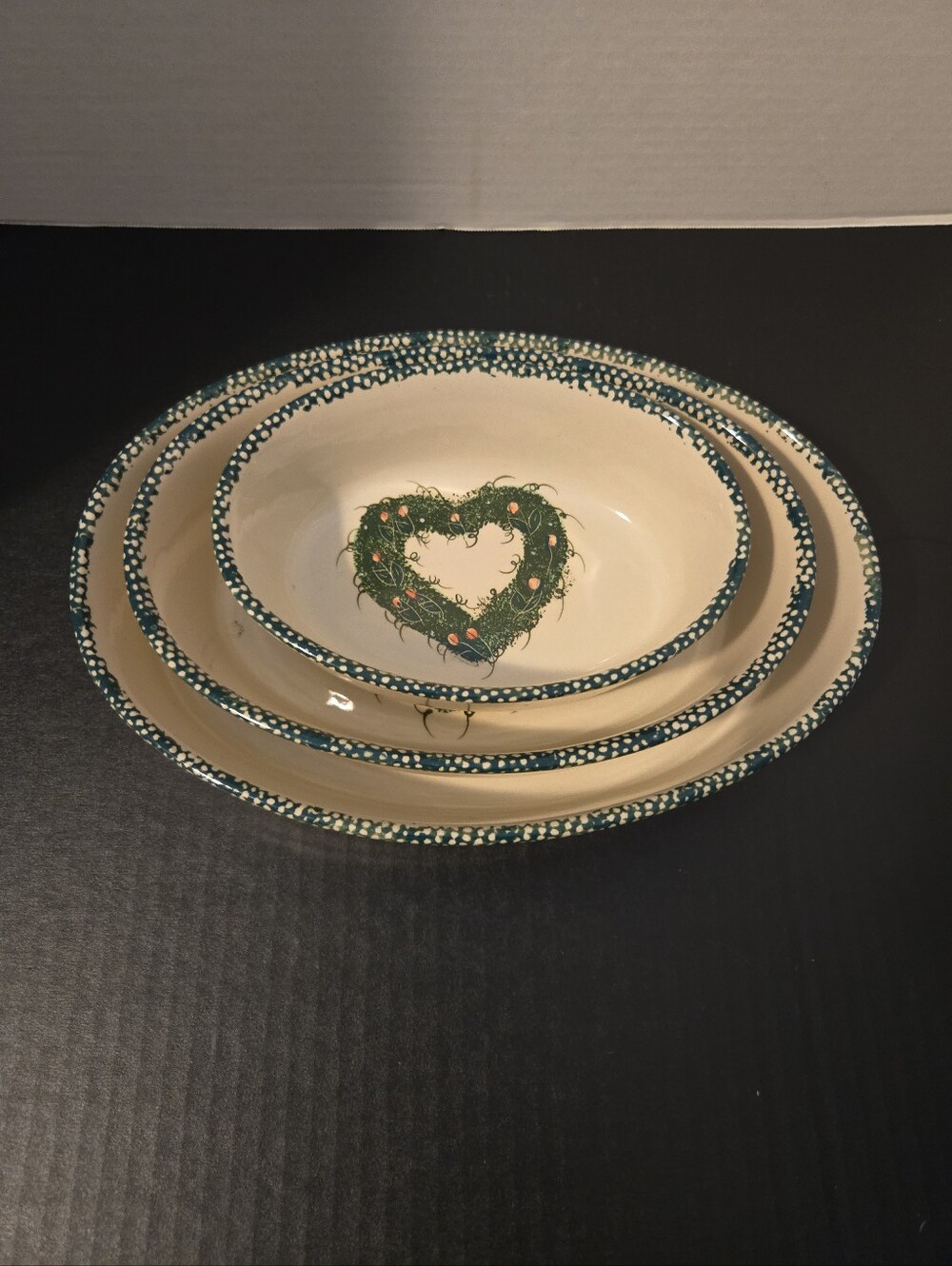 Vintage Nesting Ceramic Oval Baking/Serving Dishes Green Heart Pink Flowers Set